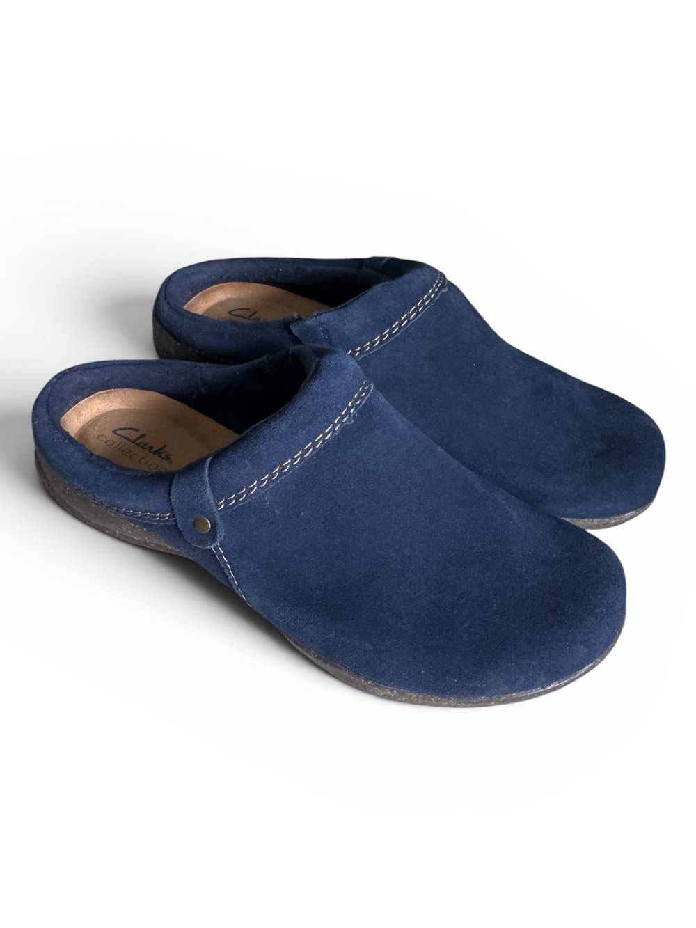 Clarks Suede Mule Clogs Navy Slip On Comfort Casual Shoes Size 9 Wide